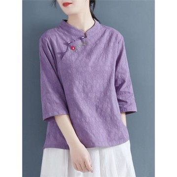 復古棉麻提花中國風禪意刺繡茶服上衣2025年春款斜襟盤扣中式襯衫