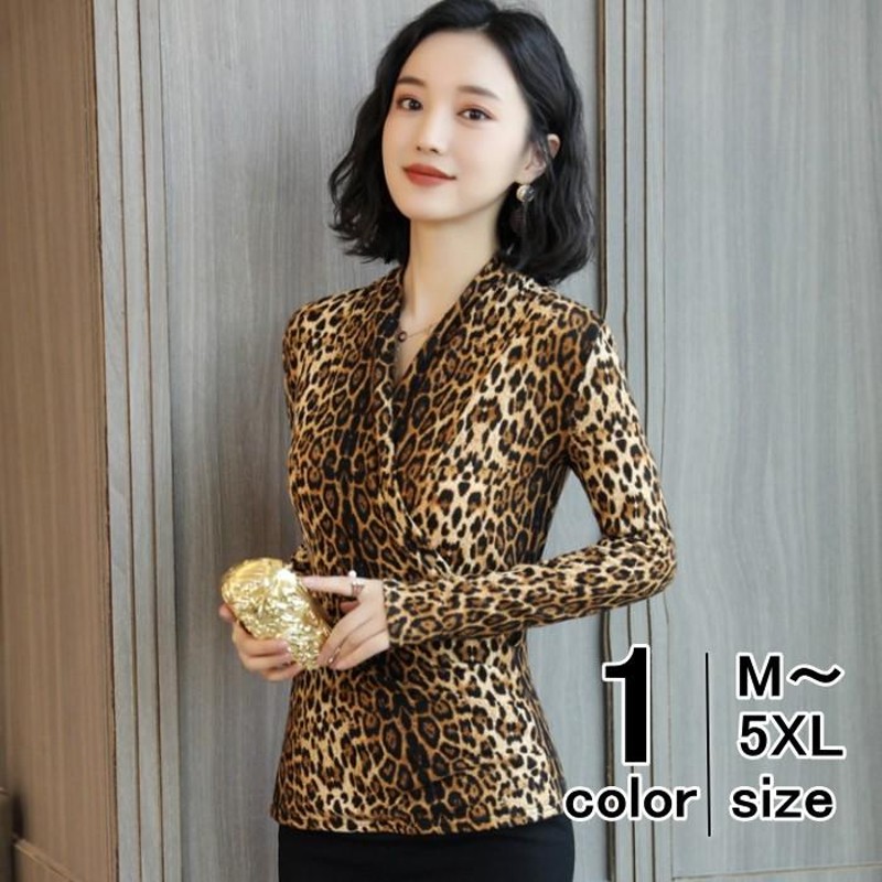 ヒョウ柄 長袖 Vネック トップス ヒョウ柄 長袖 Vネック トップス