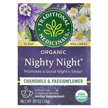 Traditional Medicinals, 有機 Nighty Night®，洋甘菊和西番蓮，無咖啡萃取，16 獨立茶包，0.85 盎司（24 克）