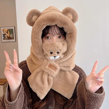 毛絨小熊帽子圍巾一體女圍脖可愛冬季百搭騎行保暖加手套護耳連帽 雙11全館免運