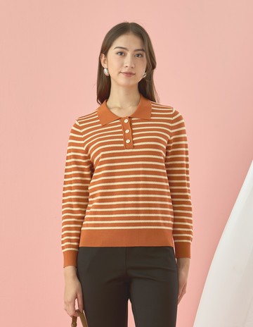 ★【喜芝梅】復古學院風 航海經典橫條紋休閒Polo領針織上衣(四色；F) 224015803
