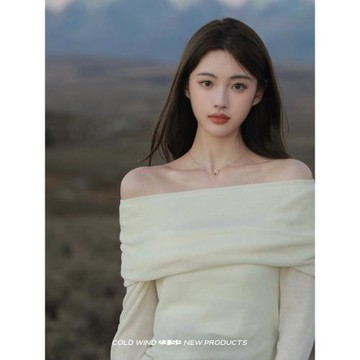 露肩法式女秋白色鎖骨針織上衣