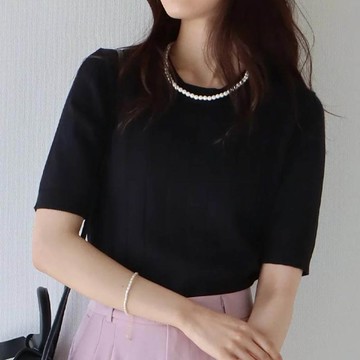 日本 BLUE EAST - 羅紋彈性薄針織短袖上衣-簡約黑