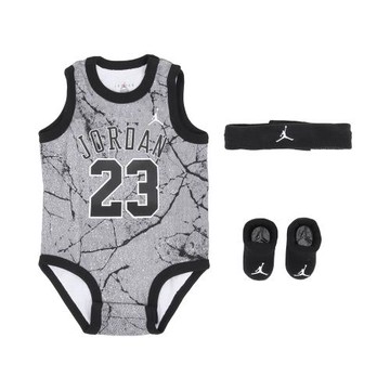 Nike 包屁衣 Jordan 灰 黑 無袖 純棉 襪子 頭帶 嬰兒 小童 小朋友 三件組 禮盒 JD2433029NB-002