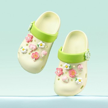 Cheerful Mario幸福瑪麗 綠色春天可愛花朵女童布希鞋 止滑透氣防撞防臭EVA女童洞洞鞋