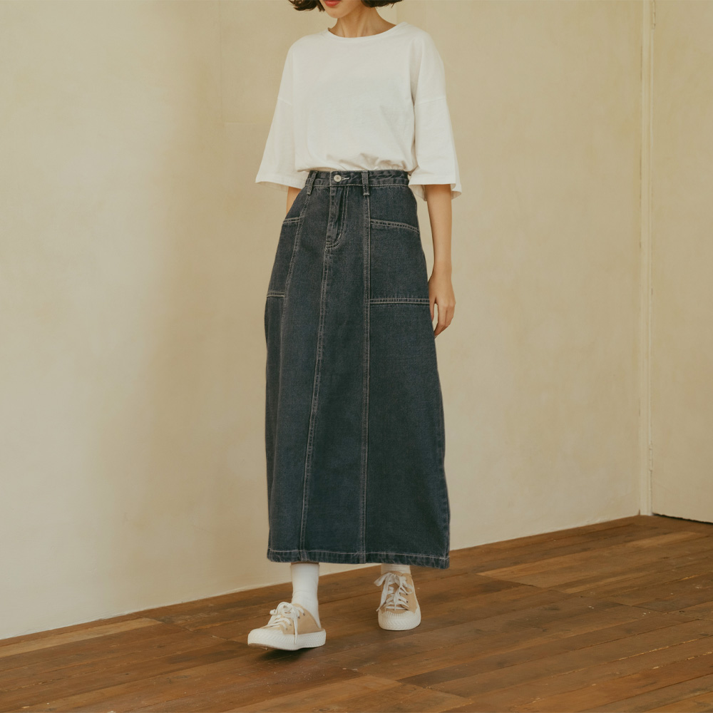 剪接設計水洗牛仔長裙 S/M/L