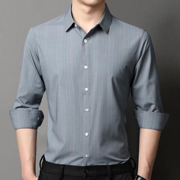 彩文羊長袖襯衫男春秋新款中年男士商務休閑豎條紋襯衣竹纖維寸衣
