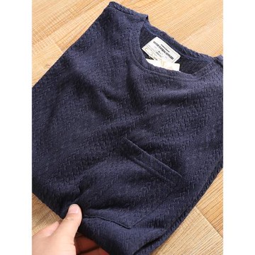 設計師款日系復古條紋提花針織短袖圓領阿美咔嘰口袋T恤ins男夏潮