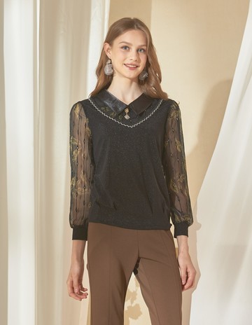 ★【喜芝梅】金葉飄飄 日式翻領葉片印花長袖襯衫上衣(黑色；M-3L) 224290531