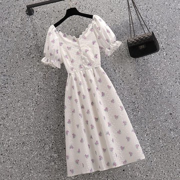 品牌折扣店商場專柜撤柜女裝尾貨清倉夏裝法式V領刺繡收腰連衣裙