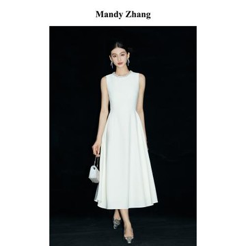 (免運)MandyZhang白月光釘珠赫本風白色連衣裙女氣質訂婚領證小禮服長裙