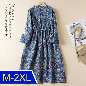 【韓國K.W.】正韓保暖夏日印花棉麻洋裝(中長裙/長袖洋裝/秋裝/新品)
