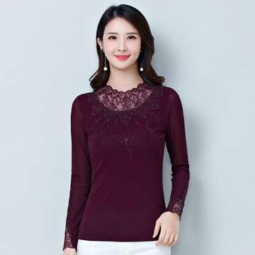 [巴黎精品] T恤長袖上衣-蕾絲雪紡鏤空立領女裝2色a1fs2