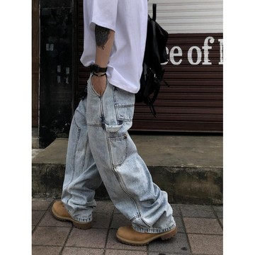 【PAGANS STORE】韓國 復古 水洗 仿舊 畫家 口袋 廓型 鉚釘 解構 設計 工裝 闊腿 牛仔 長褲 牛仔褲