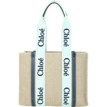 CHLOE Woody 中型 刺繡織帶亞麻帆布肩背/手提托特包(藍色)