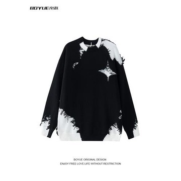 BOYUE帛躍美式高街嘻哈拼接毛邊套頭毛衣潮牌設計感情侶針織衫男