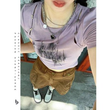 高級感粉紫色美式高街辣妹高腰短款鏤空短袖T恤女小眾修身上衣夏