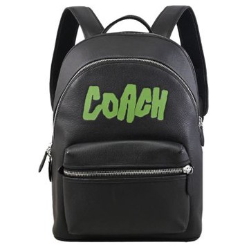 COACH CHARTER 塗鴉標誌荔枝皮革大容量雙拉鍊後背包(黑)