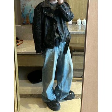 Ac風格24SS涂鴉潑墨泥染印花藍色牛仔褲高街水洗休閑寬松直筒長褲