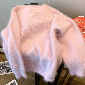 慵懶風交叉v領設計感小眾針織衫2022春秋氣質高級感粉色毛衣女潮