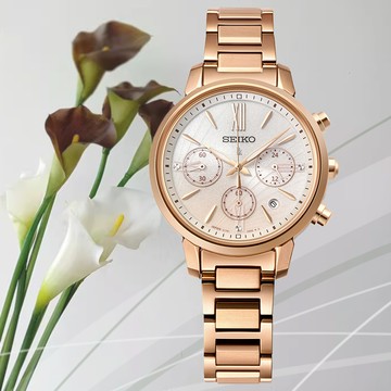 SEIKO 精工 Lukia 海芋設計 太陽能計時淑女腕錶-玫瑰金36.2mm(SSC918J1/V175-0FC0P)
