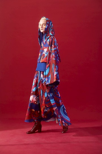 藍紅線條圖案喇叭袖連帽外套