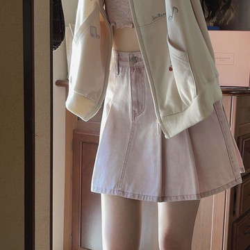 【復古做舊】粉色牛仔半身短裙 女 高腰顯瘦 2025春夏新款 a字百褶裙子 短裙 裙子 高腰短裙