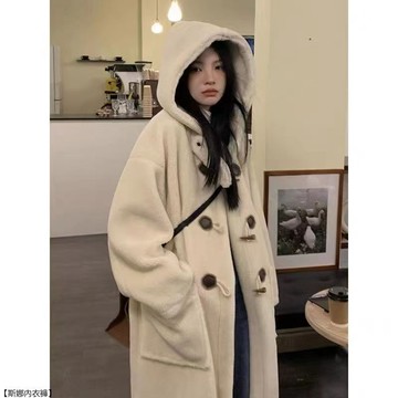 中長款牛角扣羊羔毛外套女秋冬季羊羔絨學院風保暖連帽大衣