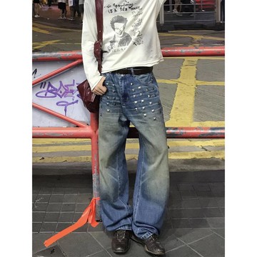 秋季設計感休閒百搭寬鬆寬褲男美式復古鉚釘水洗牛仔褲男