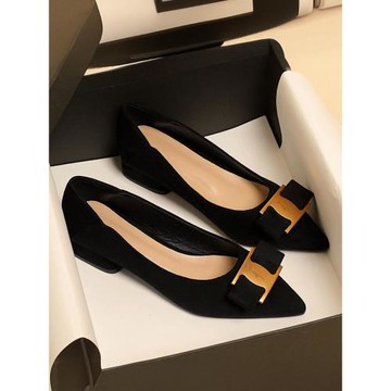 店主自留新款~尖頭粗跟淺口單鞋女低跟軟底不累腳職業黑色工作鞋