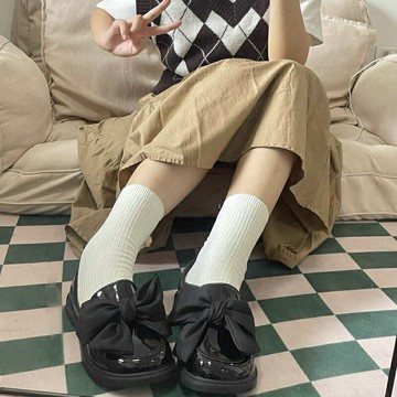 圓頭蝴蝶結小皮鞋女2021新款日系復古樂福鞋百搭一腳蹬jk平底單鞋