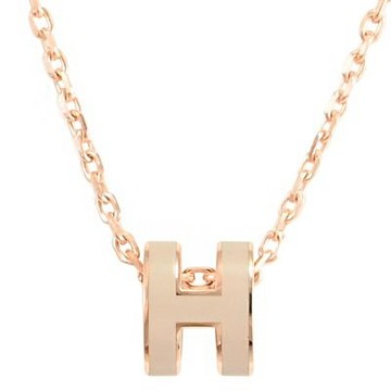 HERMES MINI POPH 經典鏤空橢圓H飾鎖骨項鍊(玫瑰金/冰棕)