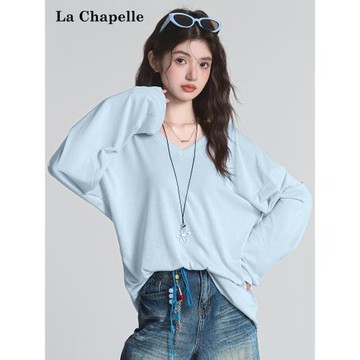 拉夏貝爾小心機寬松慵懶后背鏤空抽褶系帶長袖T恤女夏季防曬上衣