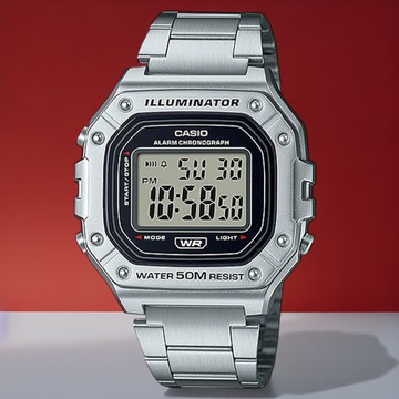 W-218HD-1A 防水50米 數位方塊鋼帶運動電子錶 當兵 運動 學生必備