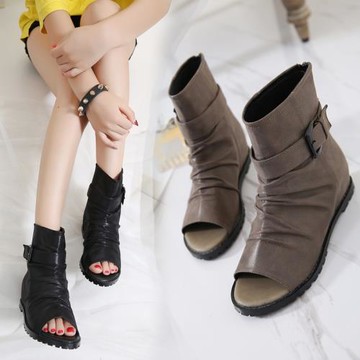 2024新款魚嘴涼鞋女平底短涼靴內增高大碼復古羅馬高幫露趾高跟鞋