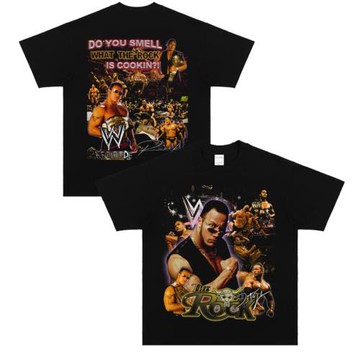 摔角手rock強森印花短袖小領口美式復古T恤純棉做舊數碼噴印潮