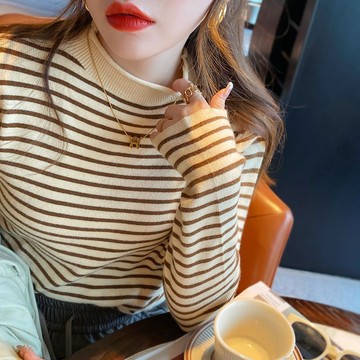 半高領毛衣女秋冬新款洋氣內搭條紋長袖修身針織上衣 女裝毛衣 針織外套 針織上衣 毛衣 針織 冬季毛衣 冬季衣服