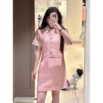 MJ家IULV法式2025春甜美粉色小香風POLO可拆領短袖收腰連衣裙短裙