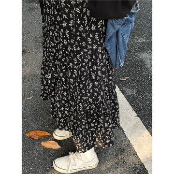 五是喜喜~復古高腰碎花半身裙女春秋蛋糕裙中長款韓版百搭A字裙子