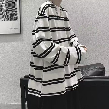 【優質男裝】2023春秋季百搭寬鬆潮流ins港風情侶裝圓領打底衫上衣條紋長袖t恤