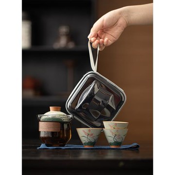 旅行茶具套裝 釉下彩手繪便攜式戶外露營一壺三杯中式快客杯