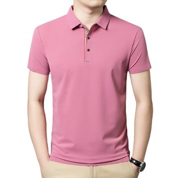 高端品牌男士桑蠶絲短袖t恤翻領半袖冰絲無痕純色上衣Polo衫夏潮