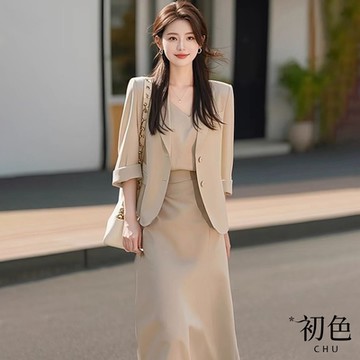 初色 純色西裝外套女外套+直筒半身裙長裙套裝-卡其色-10182(M-XL可選)