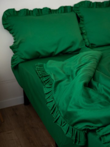 綠色荷葉邊雙人被套，天然 100% 棉 સatin