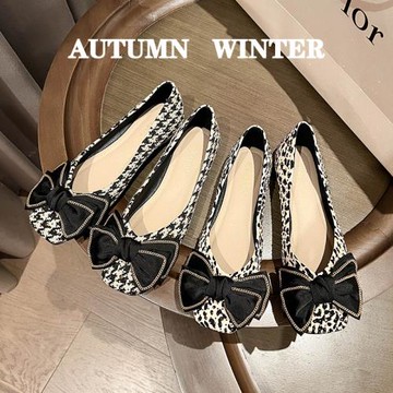 方頭單鞋女淺口百搭2023新款秋冬蝴蝶結軟底平底鞋子淑女晚晚瓢鞋