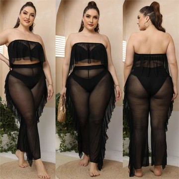 海邊度假沙灘套裝性感透視網紗經典歐美大碼女裝荷葉邊長褲兩件套