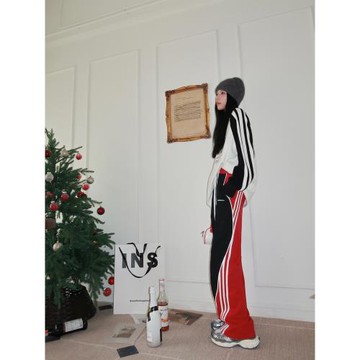 地球店美式炸街紅黑撞色拼接運動休閑褲女春季高腰寬松闊腿褲垂感