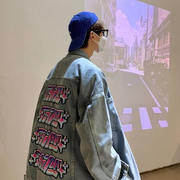 后背印花外套oversize高街男牛仔上衣胖子大碼設計感小眾原創夾克