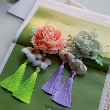 二色絹花 春季百搭漢服發飾少女明艷流蘇發簪漢服花朵夾子日常