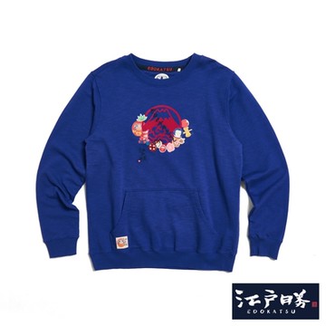 江戶勝 男裝 毬櫻花厚長袖T恤-灰藍色